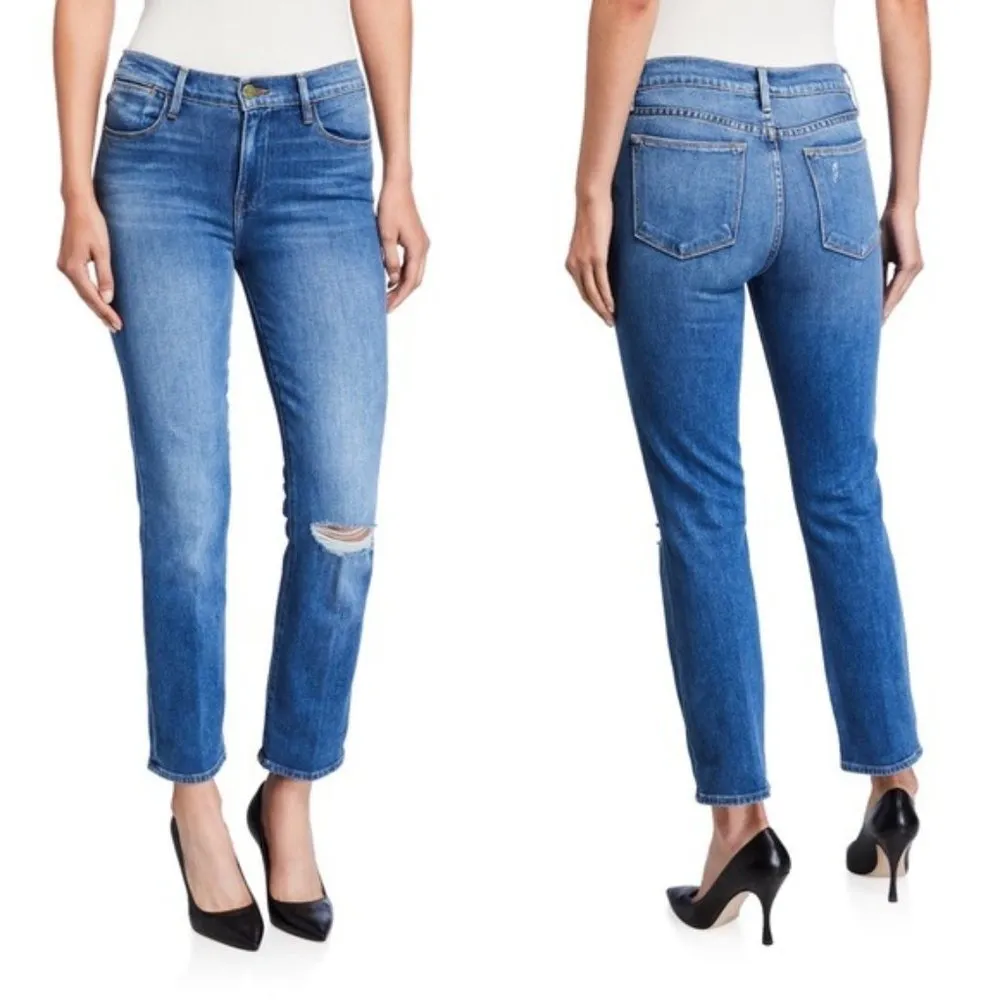 NWT Frame Le High Straight Busted Knee Jeans, Blue Cotton Size 25 Retail $265 - Image 2