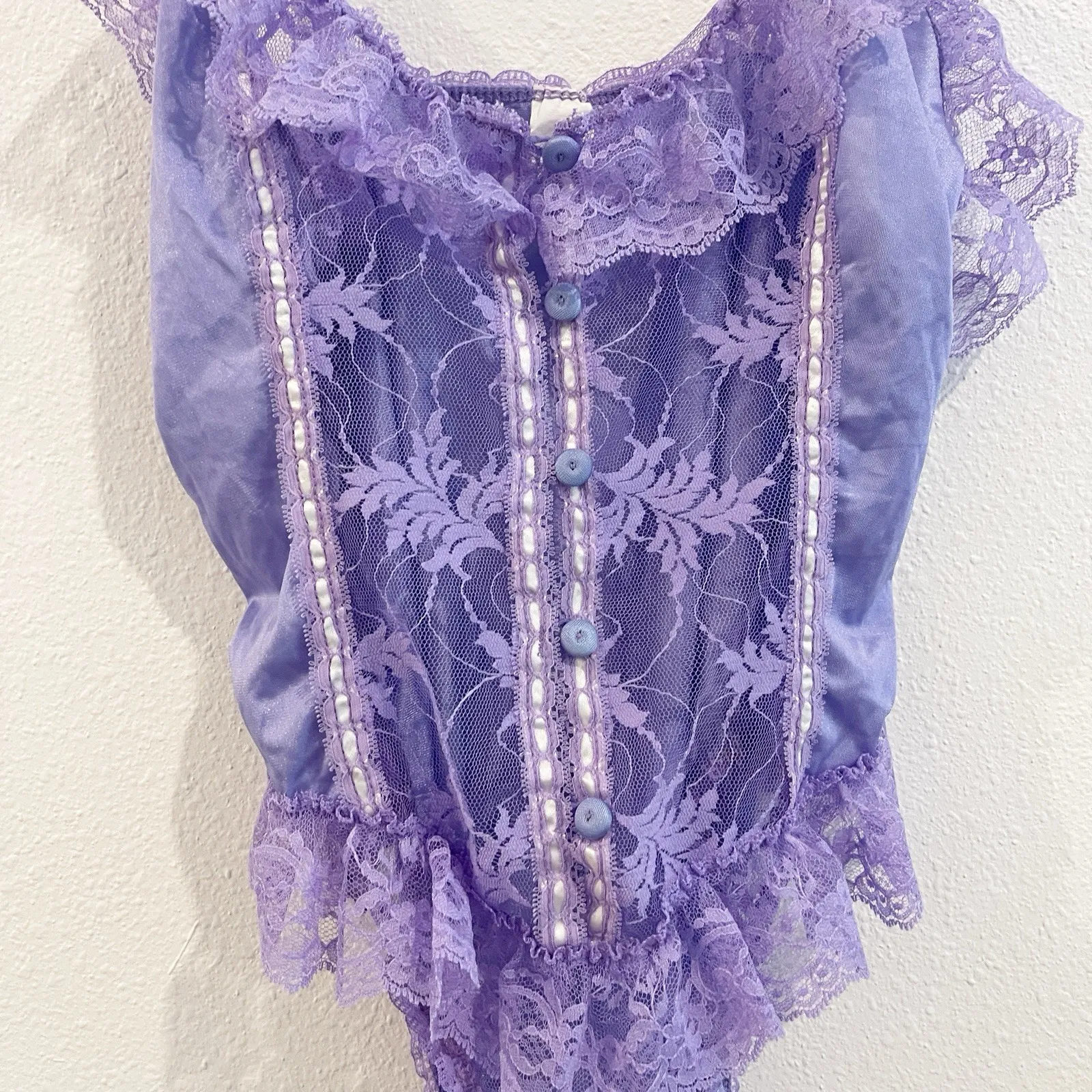 Vintage Lingere Women Purple Medium Lace Floral Teddy Bodysuit Romantic Feminine - Image 3