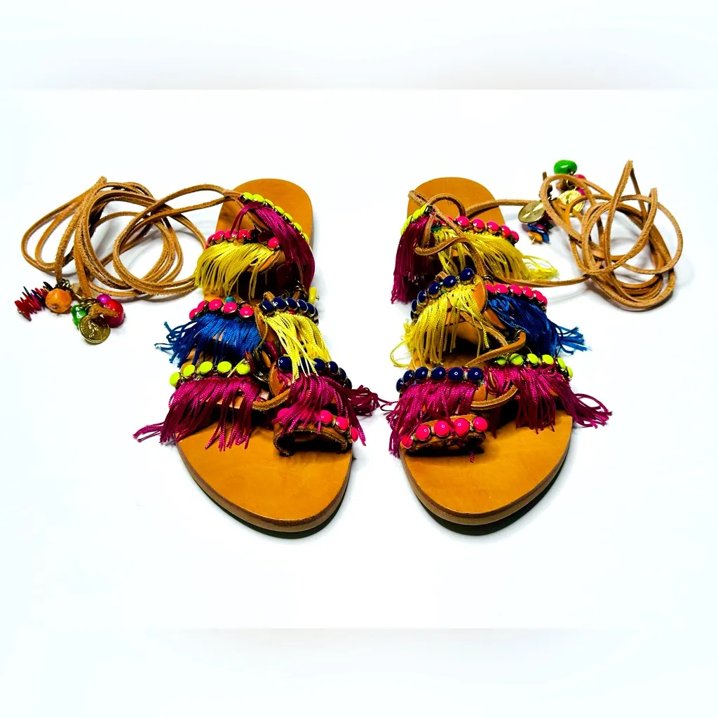 Elina Linardaki Greek Lace Up Gladiator Beaded Fringe Flat Sandal Shoe Size 10 Pink - Image 2