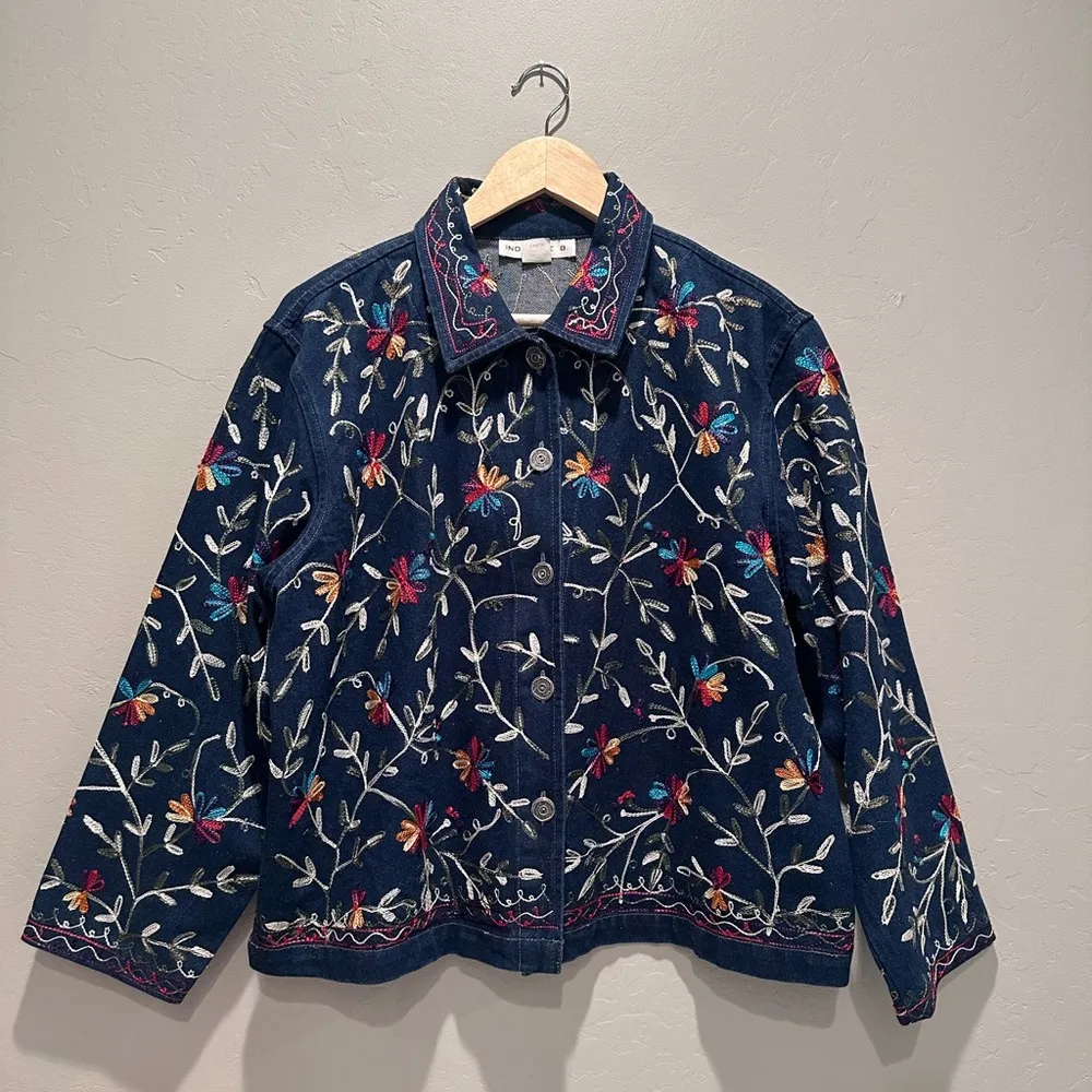Industrie B Colorful Floral Embroidered Denim Jacket Size Large 100% Cotton Blue - Image 2