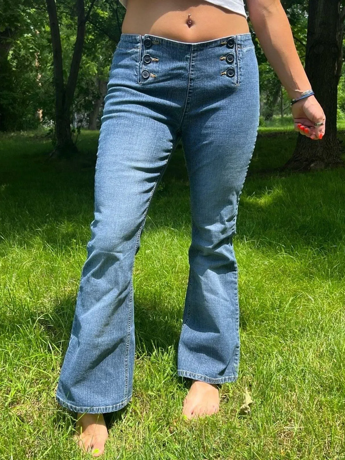 Vintage Y2K no boundaries stretch lace up back button panel front flare jeans Blue Size 6 - Image 1