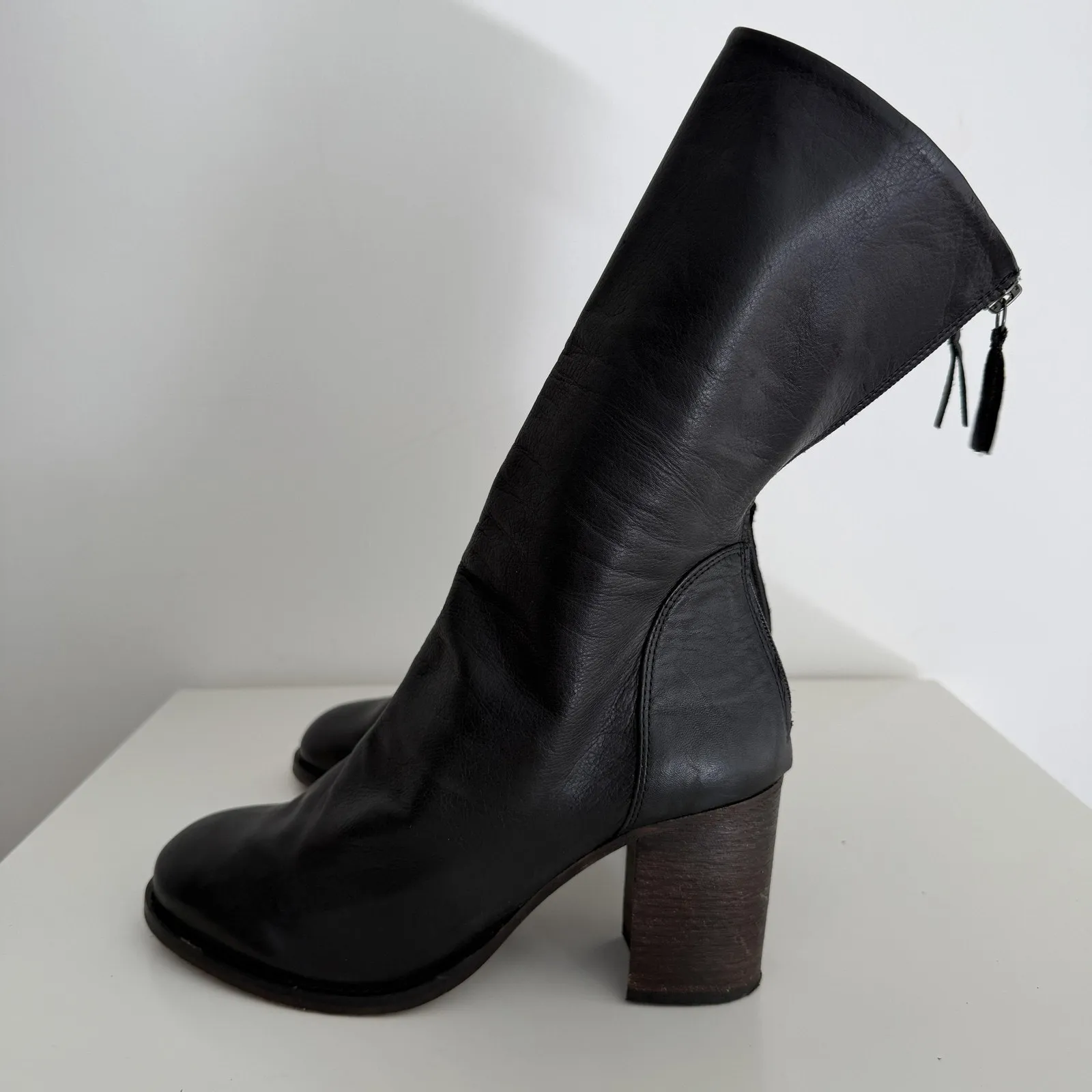 Free People Elle Slouch Boots Women 10 Black Leather High Block Heel Zip Booties - Image 9