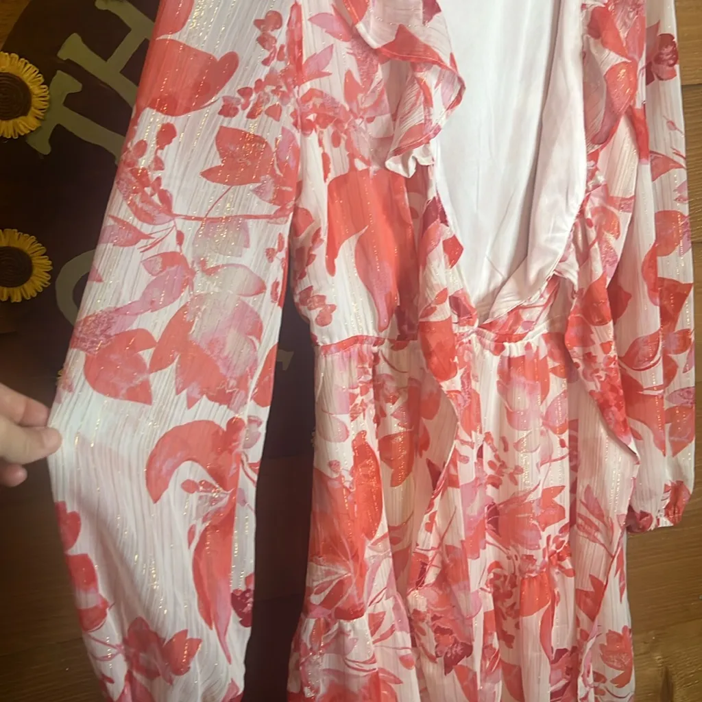 Mimi Chica Ruffle Tie Pink Floral Gold Tiered V Neck Dress Vacation Babydoll M - Image 7