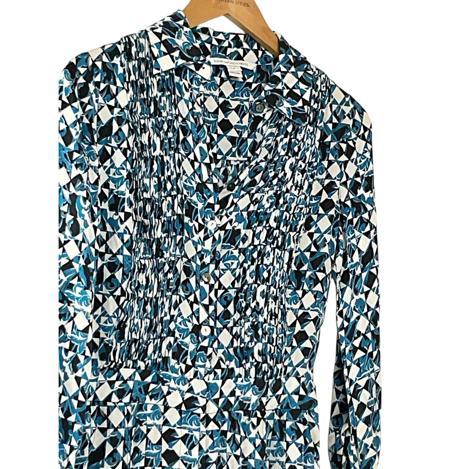 Women's DVF Geometric Print Long Sleeve Mini Romper‎ Collared Button Down - Image 4