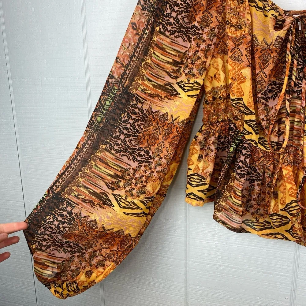 Live 4 Truth Orange Brown Mixed Pattern Peasant Top Balloon Sleeves Peplum Waist - Image 3