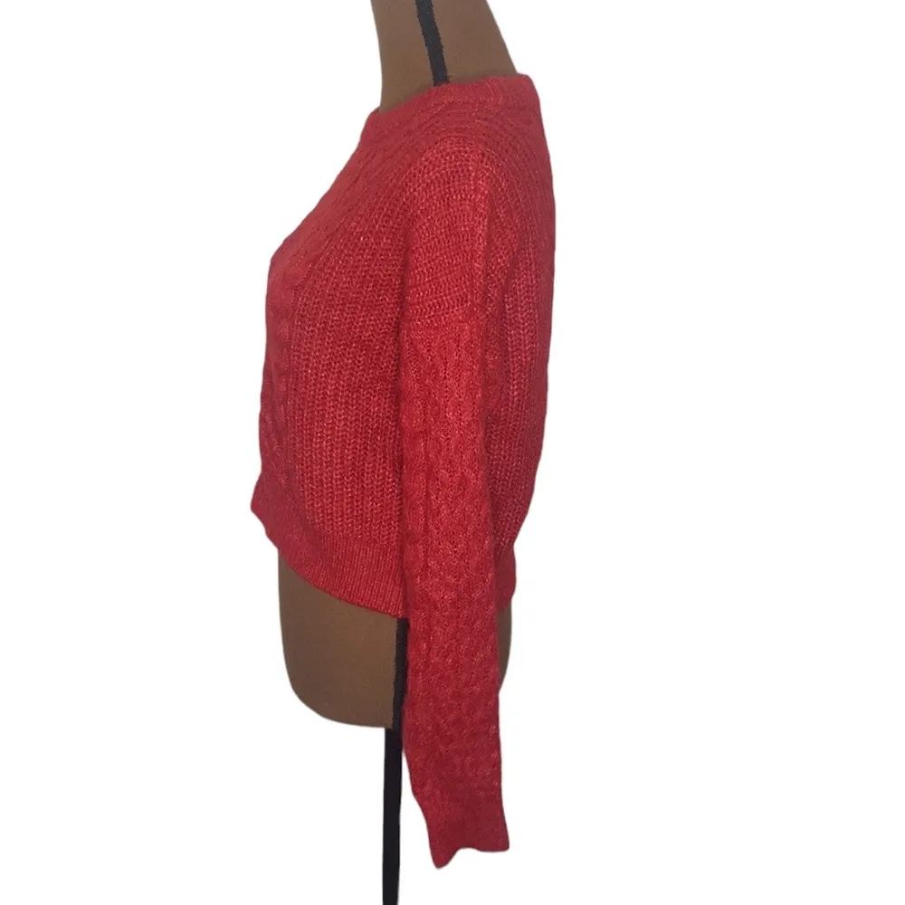 red cable knit alpaca wool blend cropped Crewneck sweater S - Image 4