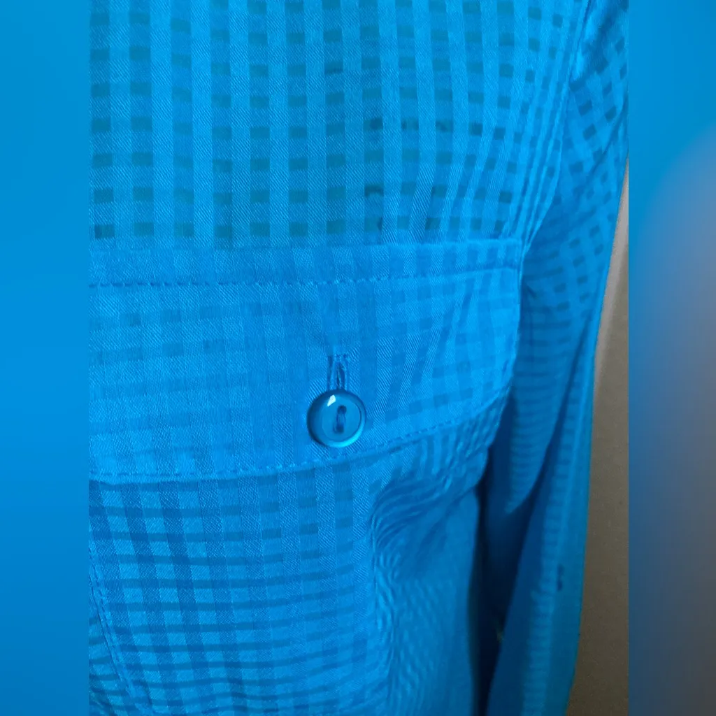 🌞Kim Rogers Turquoise Checkered Pattern Long to 3/4 Sleeve Button Down Blouse - Image 5