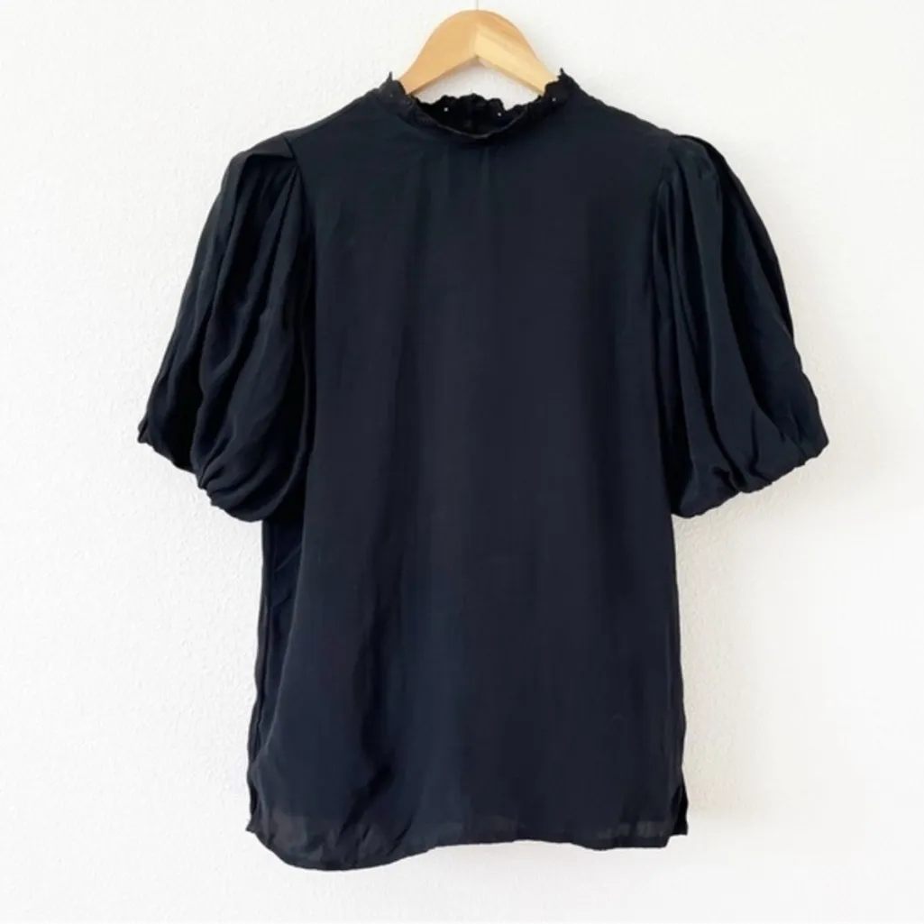 Something Navy Puff Sleeve Ruffle Blouse in Black - Image 2