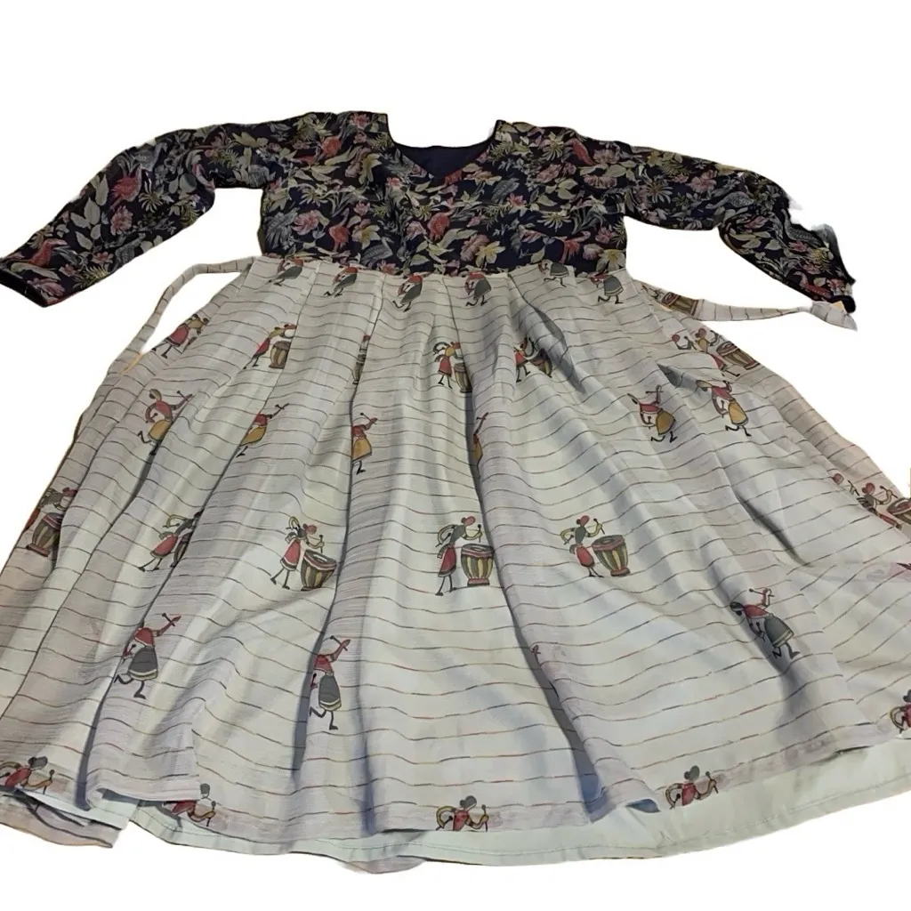 HANDCRAFTED BLUE MIDI DRESS WITH MIXED PATTERN BIRDS AND MUSICAL (APPX XL) - Image 9