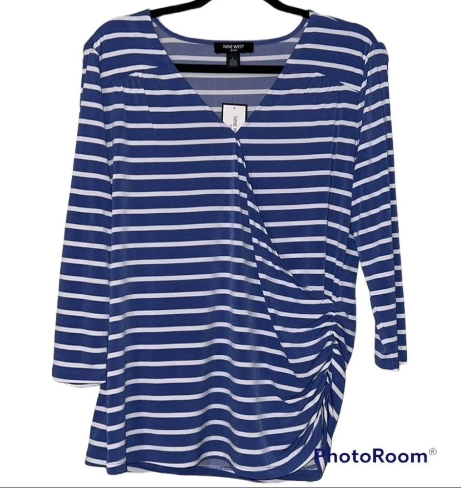 Nine West size large women’s blue white striped Lizzy v-neck 3/4 sleeve blouse - Image 12