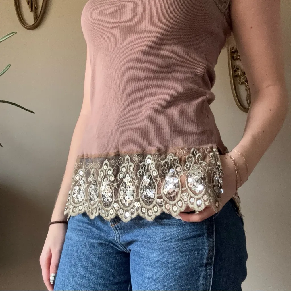 Y2K Licorice Cotton Lace Tank Top Brown Size L - Image 7