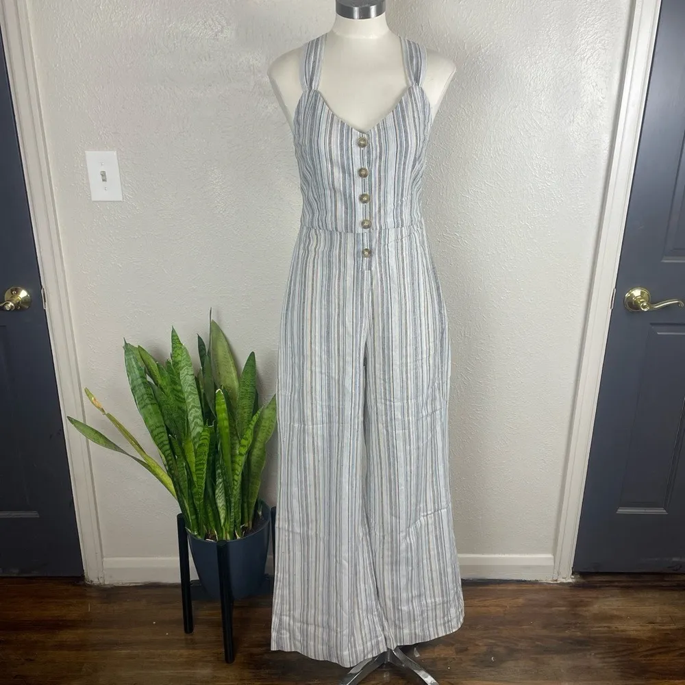 Knot Sisters‎ NWT Striped Wide-Leg Linen Jumpsuit Tie Back Boho Chic Medium - Image 2