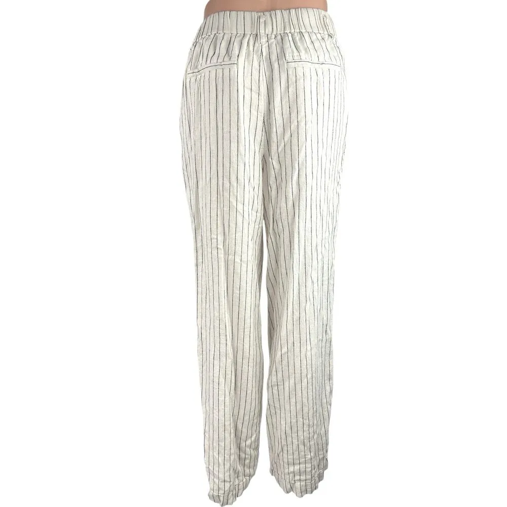 A New Day White Linen Striped Straight Wide Leg High Rise Pleat Trousers Pants 2 - Image 3