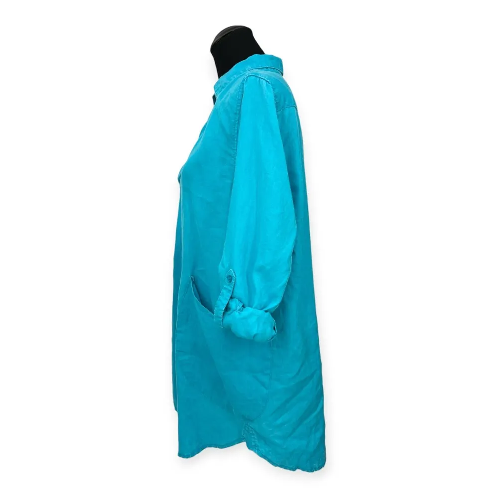 For Cynthia Woman | 1X | 100% Linen Tab Sleeve Collared V-Neck Popover Tunic - Image 5