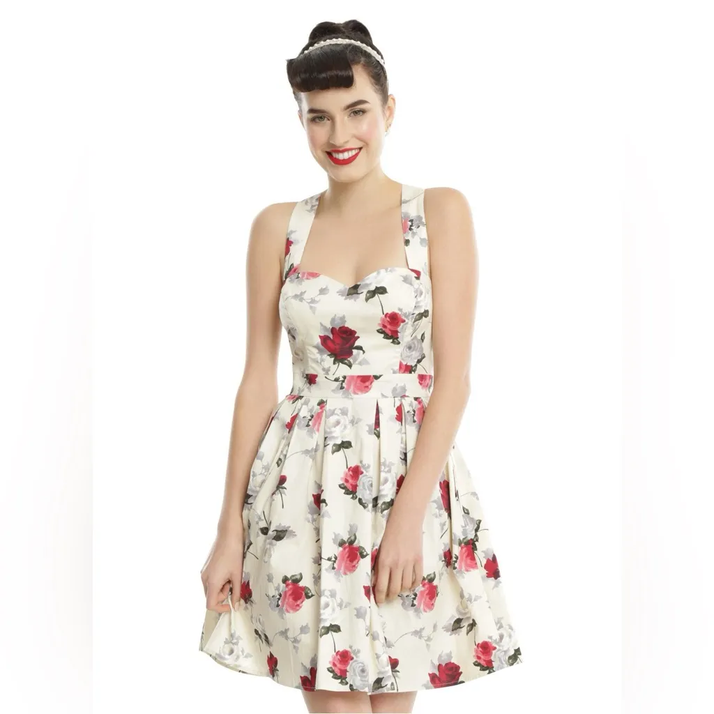 Hell Bunny Eloise Mini Dress Rose Print Cream‎ Bow Adjustable Straps Sz XS Retro - Image 3