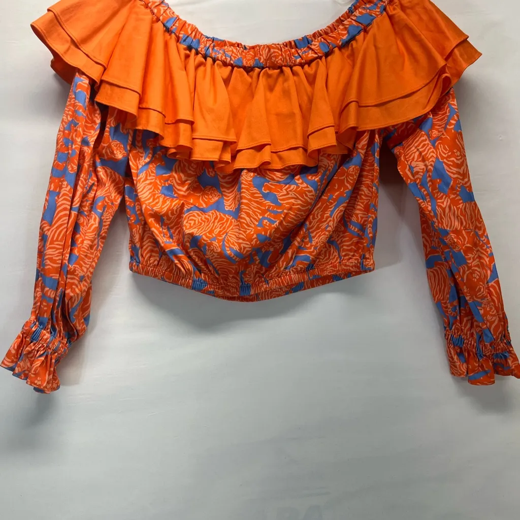 ALDEN ADAIR RUFFLE TIGER‎ PRINT OFF SHOULDER CROP TOP S KELLY ORANGE BLUE NEW - Image 2