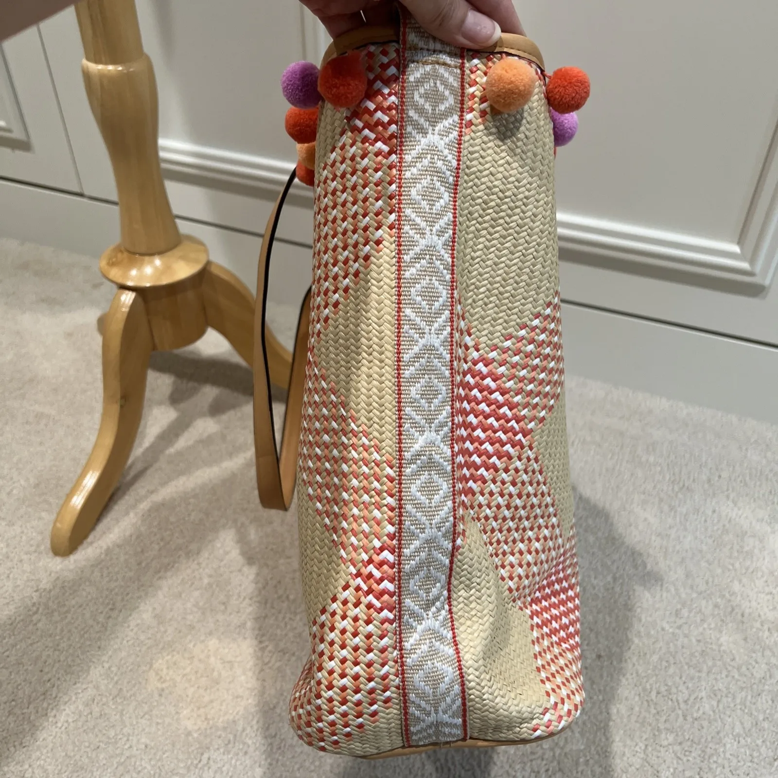 Vera Bradley Beach Bag Pom Pom Straw Woven‎ Vacation Tote Bag Pink Coral Fiesta - Image 6