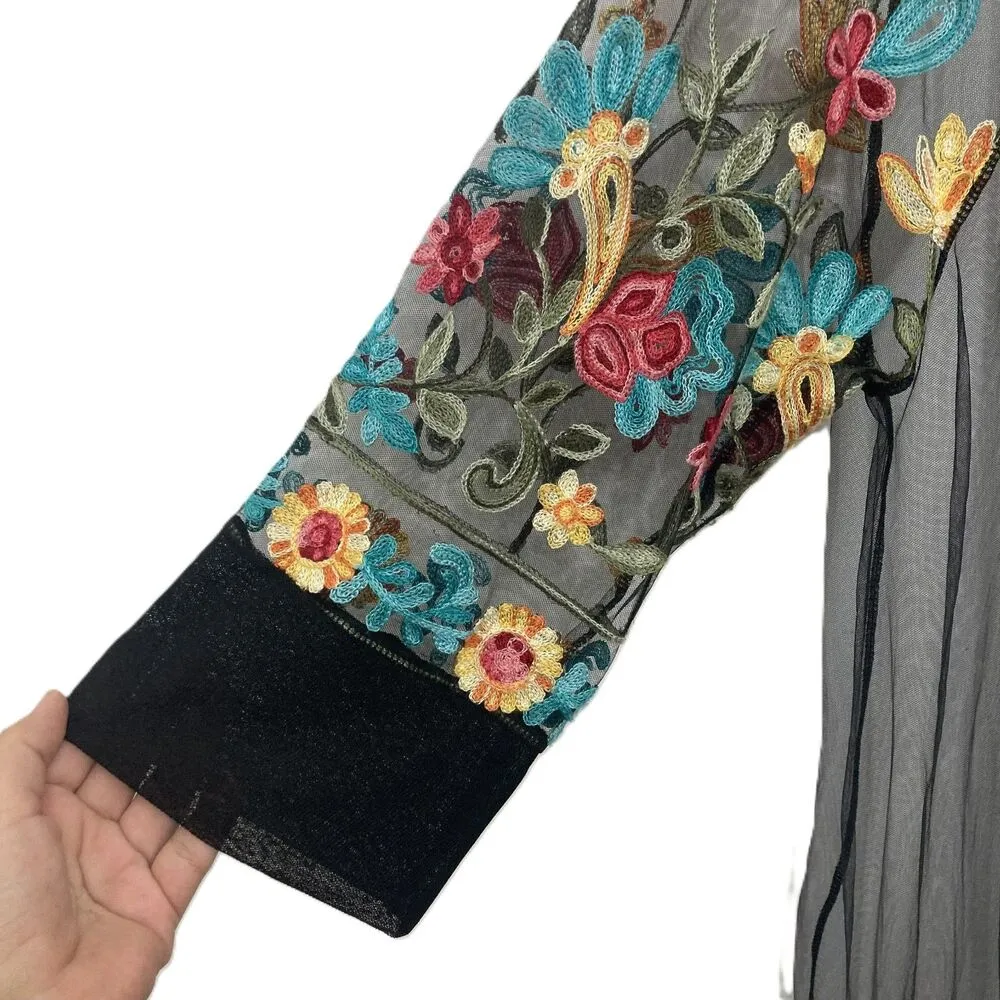 Women Floral Embroidered Mesh Long Jacket Cardigan Casual Coats Beach One Size Black - Image 7