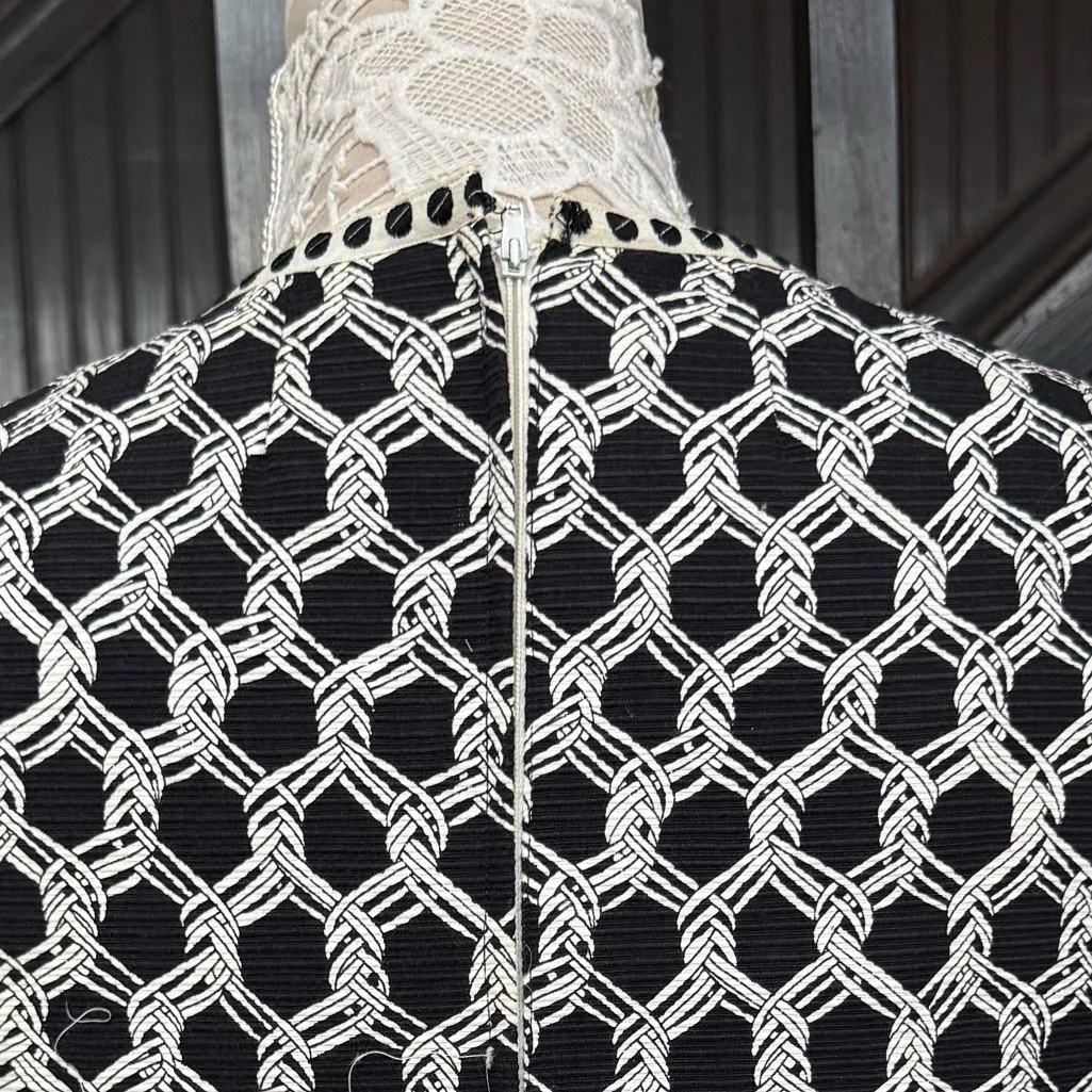 Vintage 60s Needle Craft Graphic Maxi Dress Black White Print Long Sleeve Bow Size XS - Image 8