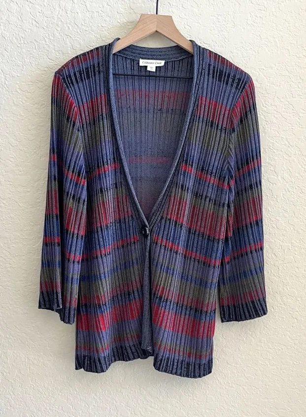 COLDWATER CREEK ~ Red Blue Rayon Striped Button Cardigan Sweater Women’s Medium - Image 1