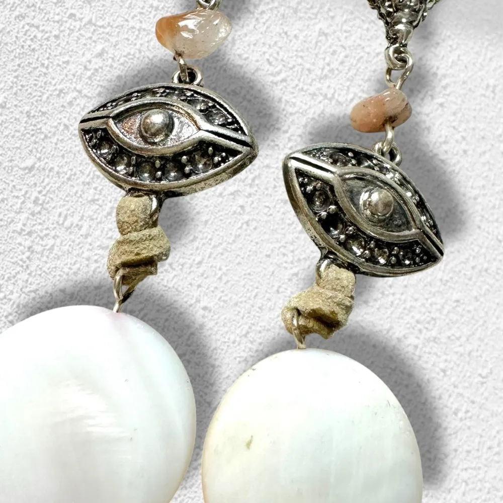 Free People Treasure Dangles Earrings Tan Neutral Bohemian Gypsy Evil Eye Shell - Image 6