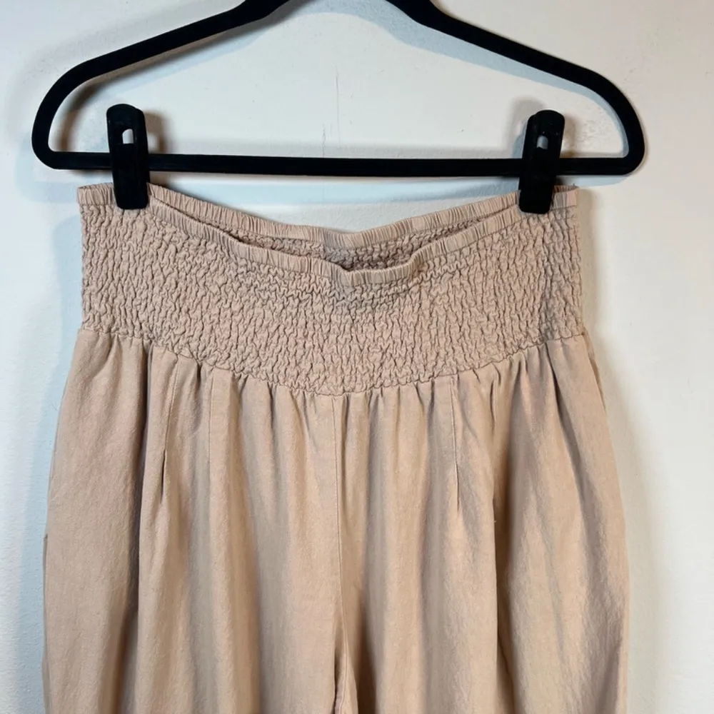 ChouYatou Trouser Pants Tan Flax Cotton Blend Smocked Wide Leg Chic Women's XXL - Image 3