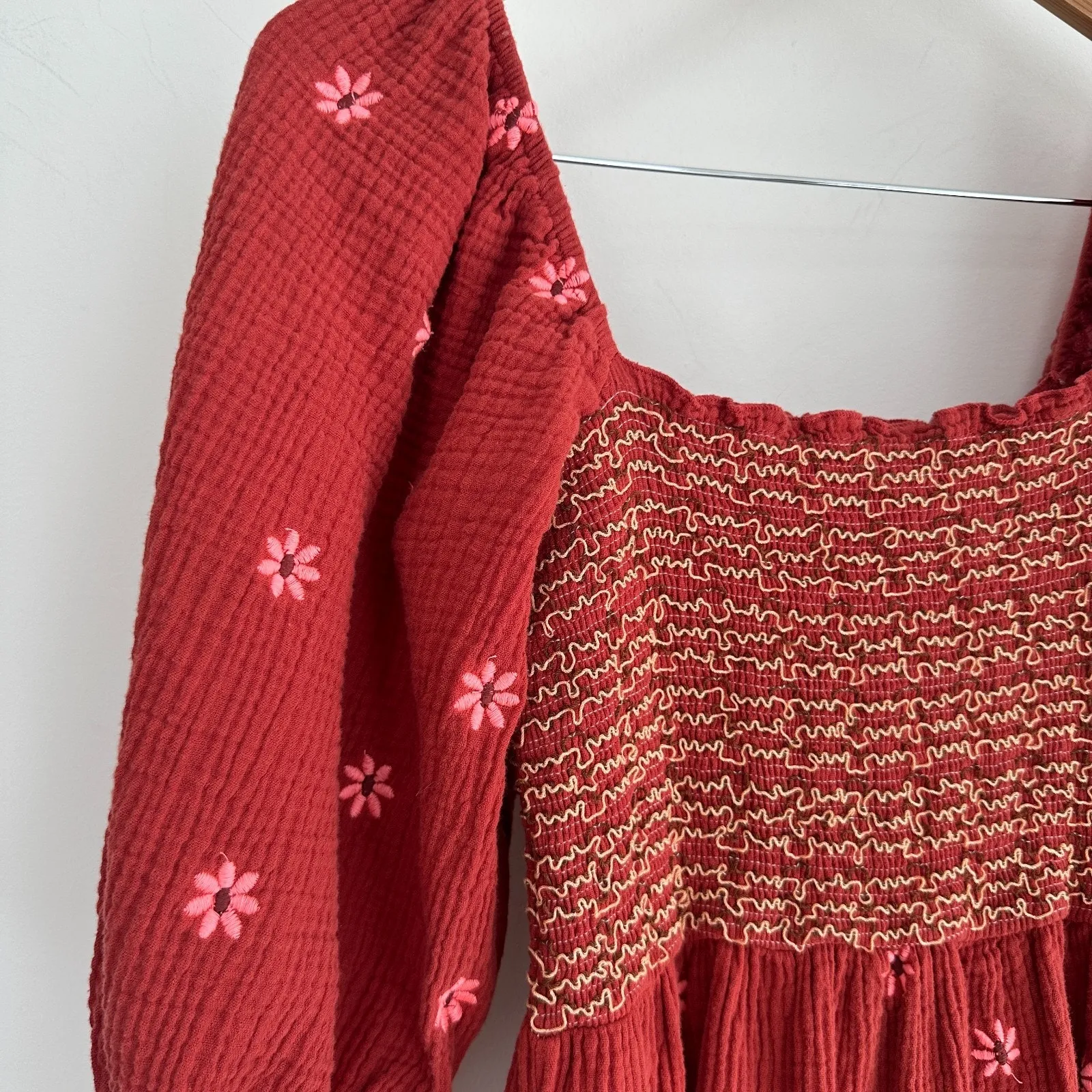 Floral Embroidered Smocked Nap Dress S/M Rust Smocked Gauze Puff Sleeve Cottage Orange - Image 4