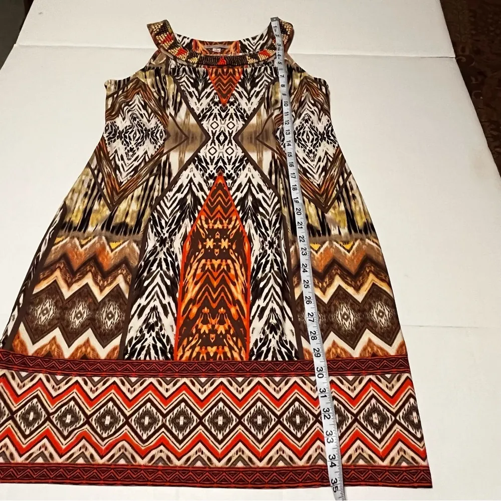 Dress Barn Women SZ 8 Brown Orange Dress Tribal Aztec Sleeveless Beaded Neckline - Image 11