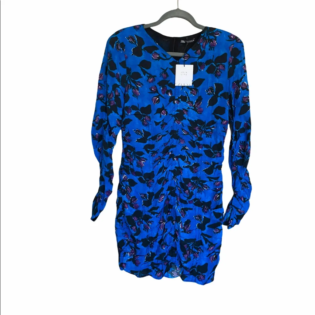 NWT ZARA DRAPED Floral Ruched PRINT DRESS Mid-blue - Image 11