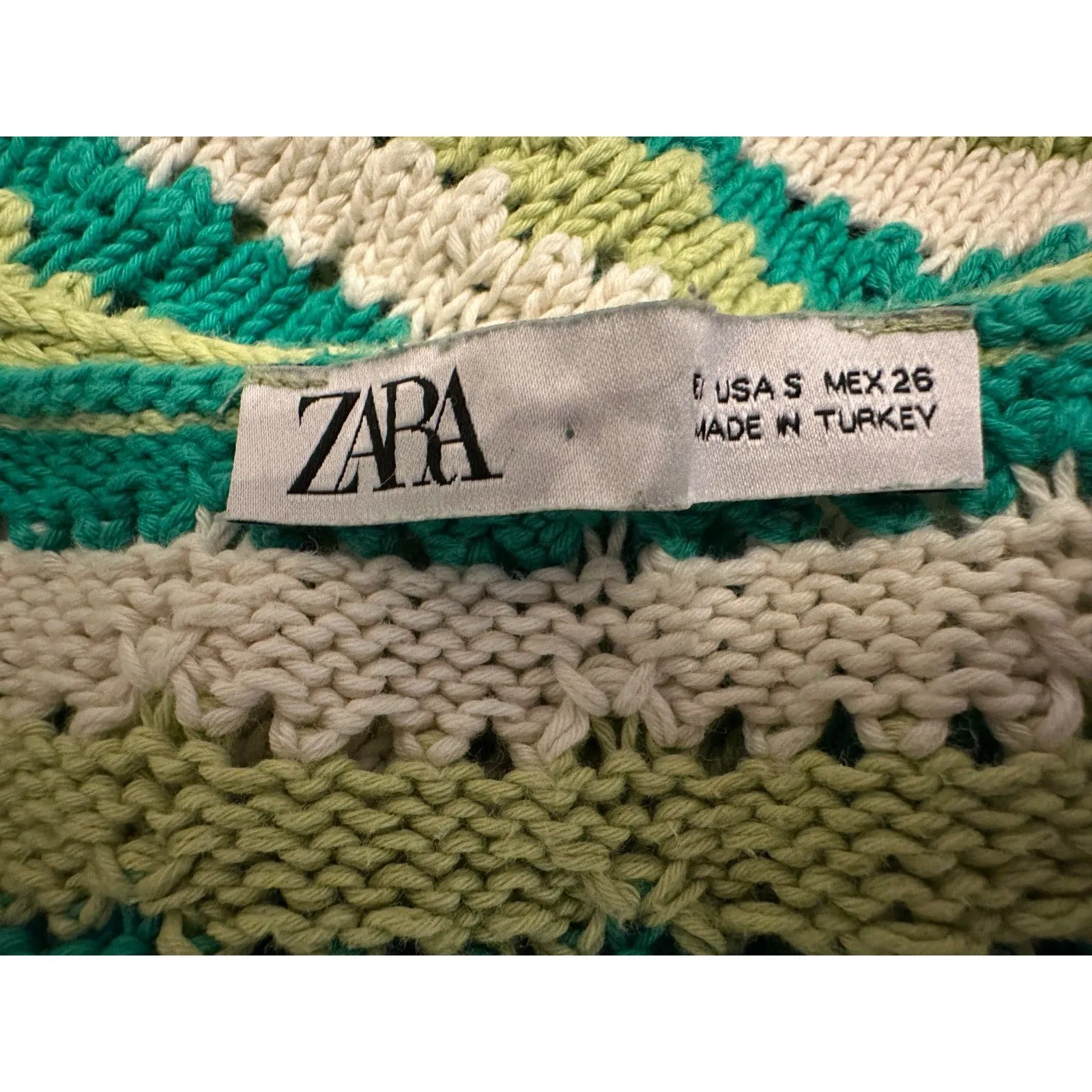 Zara Green White Crochet Striped Button Down Cropped Sweater Size Small - Image 6