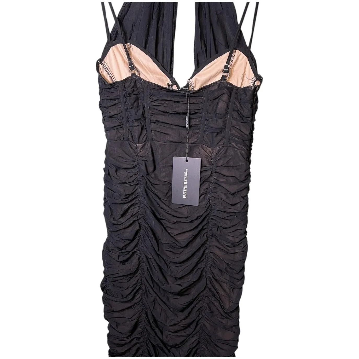PrettyLittleThing Dress Womens US 6 Black Halter Ruched Bodycon Midi Party - Image 11