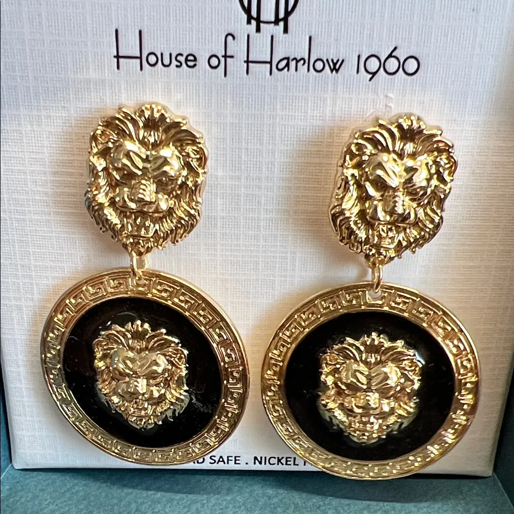 House of Harlow 1960 | Vintage Lion Art Deco Earrings ✨ Gold - Image 7