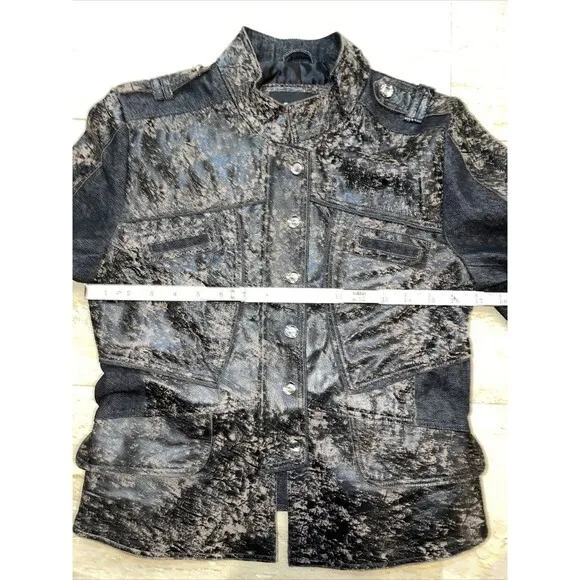 H & D collection distressed Denim cotton and leather women Moto‎ jacket Sz M Black Size M - Image 4
