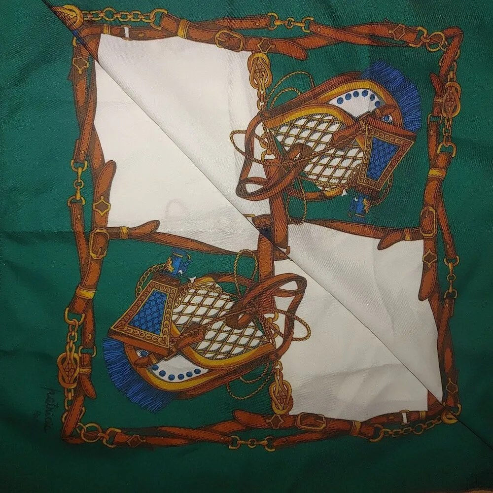 Vintage Lahmy Italian Hand Rolled Equestrian Square Scarf Green Blue White Print Size 26 - Image 5