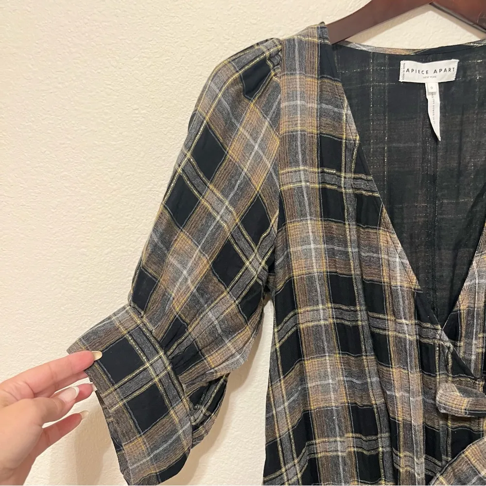 Apiece Apart Plaid Print asymmetric Knee-Length wrap Dress, gauzy cotton, sz 0 - Image 8