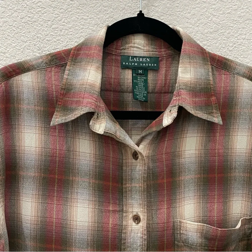 Vintage LAUREN Ralph Lauren Rayon/Wool Blend Plaid Button Down Shirt Size M Tan Size M - Image 3