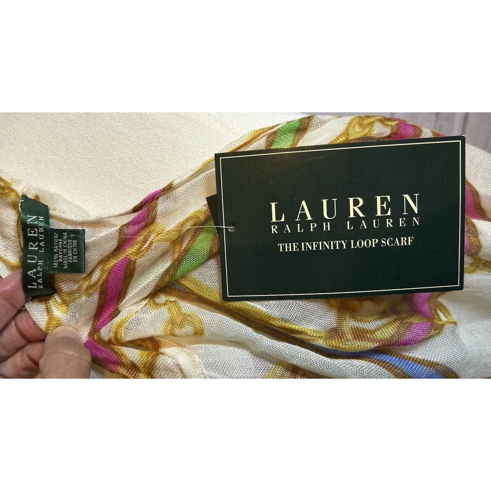 NWT Lauren Ralph Lauren Infinity Loop Scarf Cream Multicolor Chain Print - Image 3