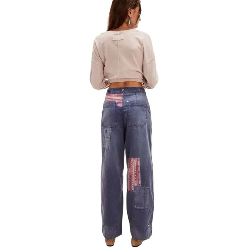 New Free People La Vie Patched Patchwork Studded Blue Pants / Jeans Boho Size 4 - Image 4