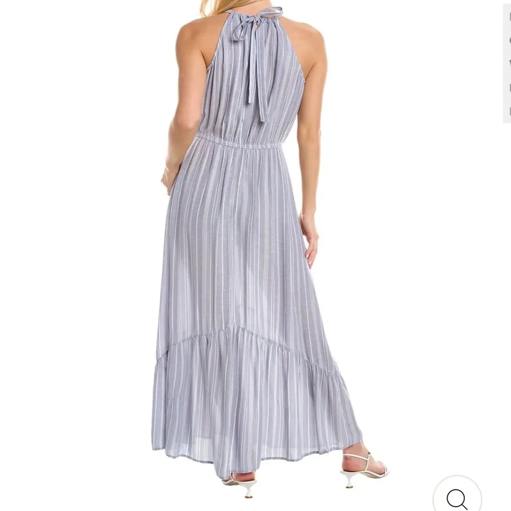 Lovestitch High Neck Chambray Blue Ivory Stripe Maxi Dress L - Image 3