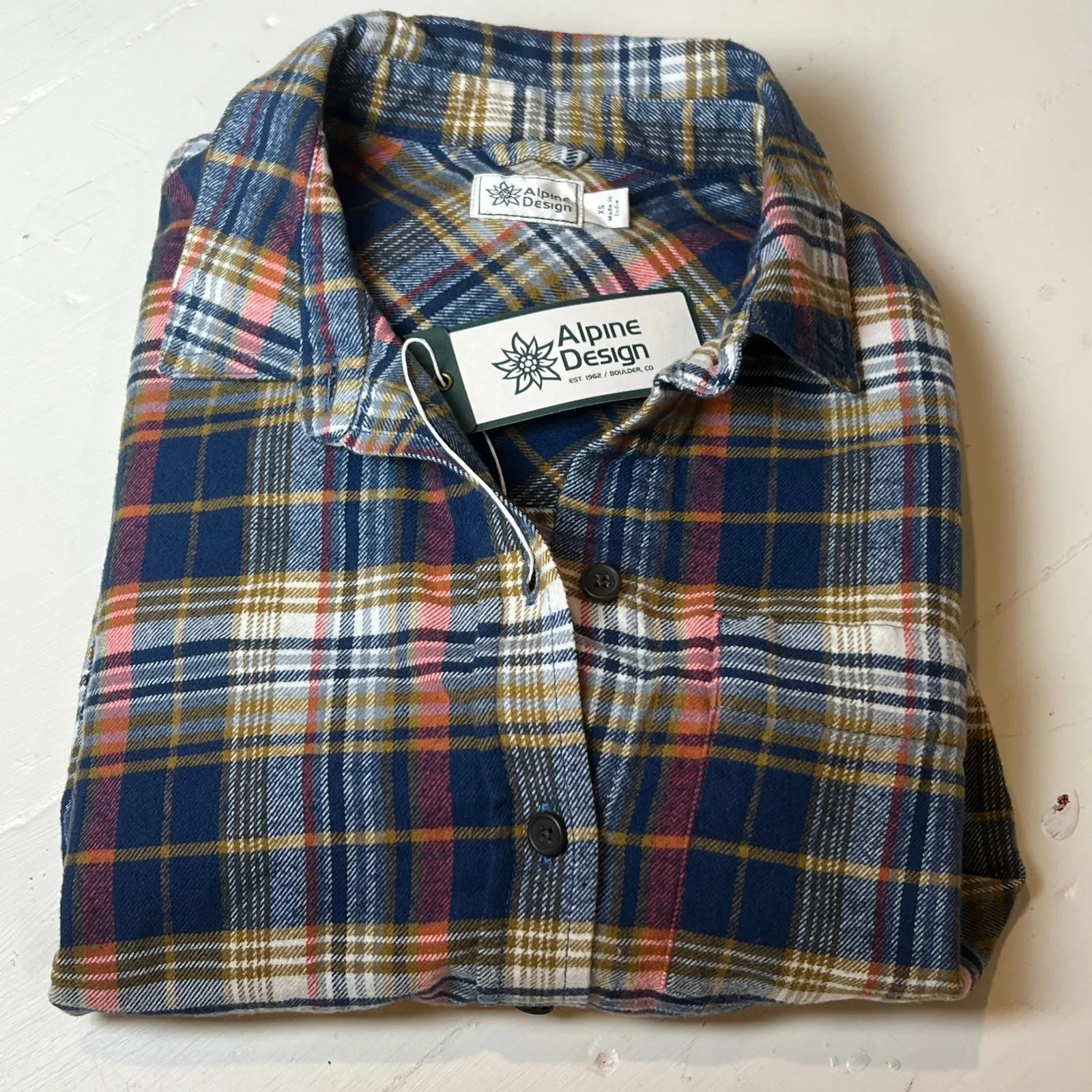 Alpine Design Navy Brown Plaid Button Down Flannel 100% Cotton Women's XS - Image 5