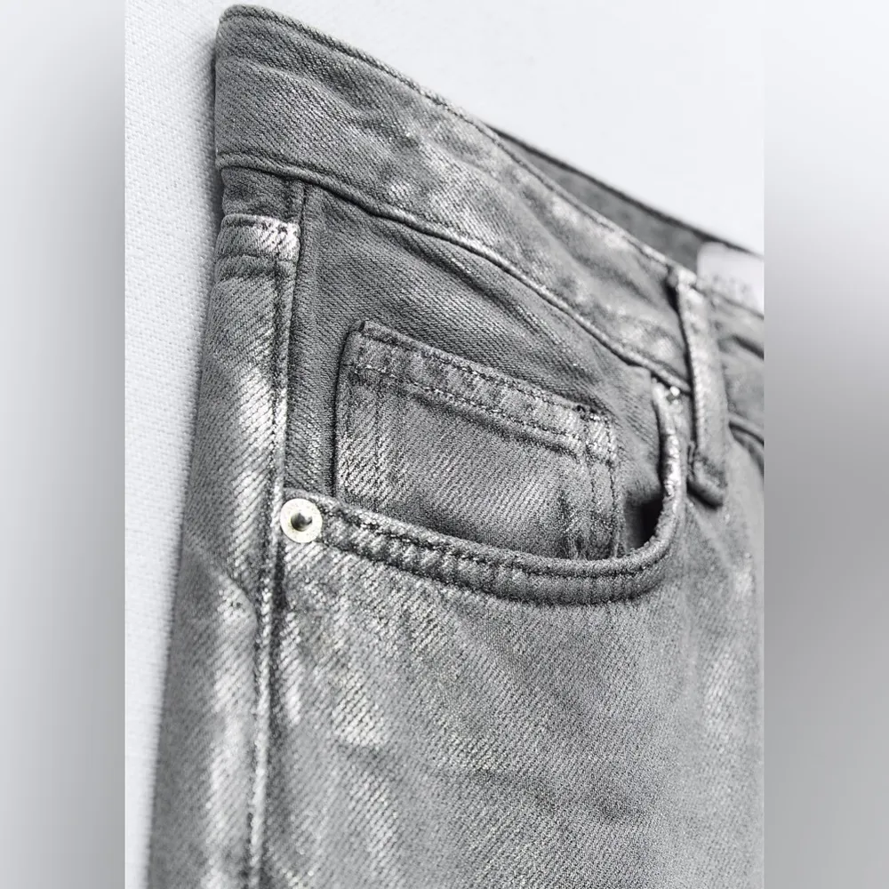 ZARA ZW THE METALLIC SLIM FIT JEANS PANTS Straight Leg SILVER/Gray Size 2 NEW - Image 10