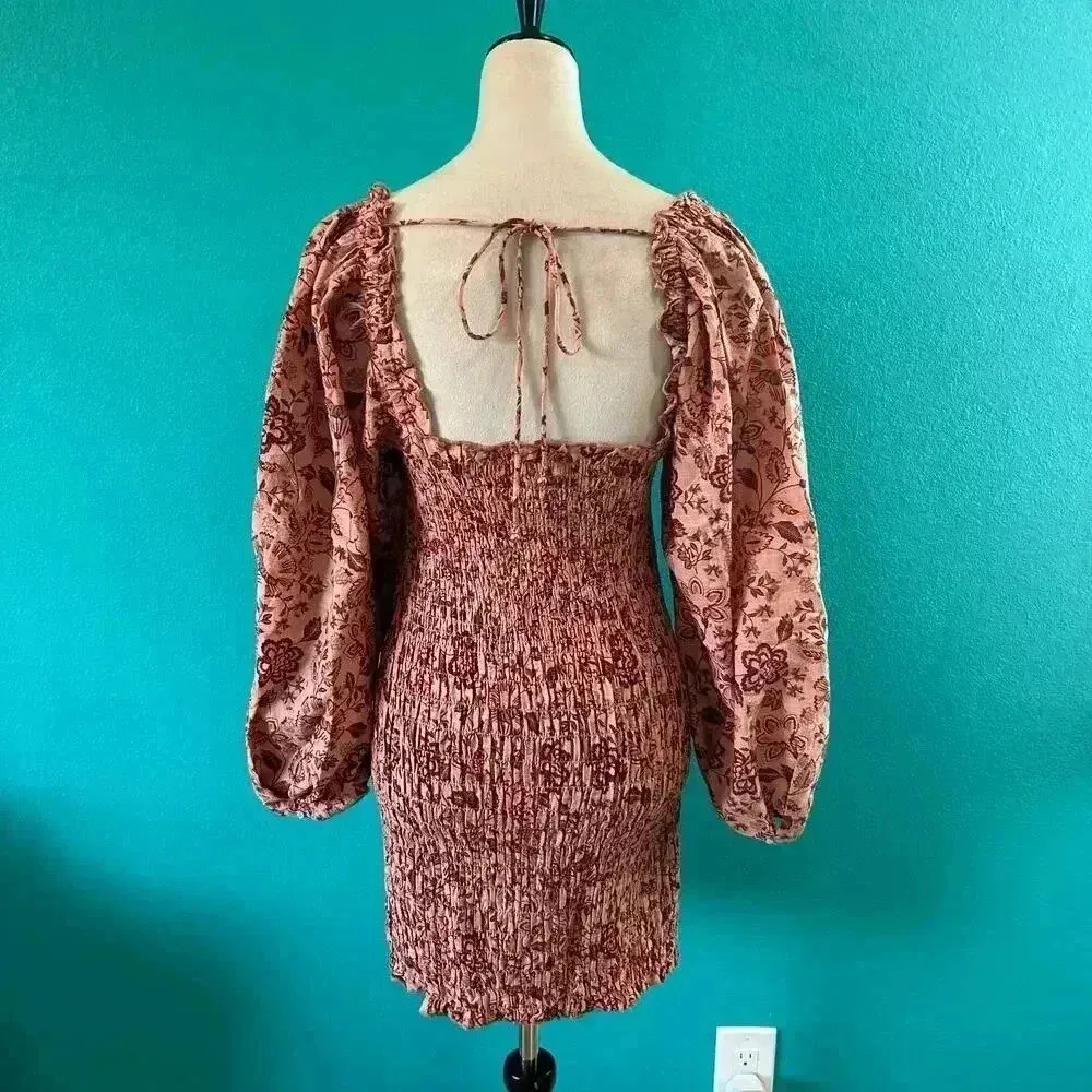 Free People Apricot Combo Floral Smock It To Me Mini Dress Cotton Size M - Image 7