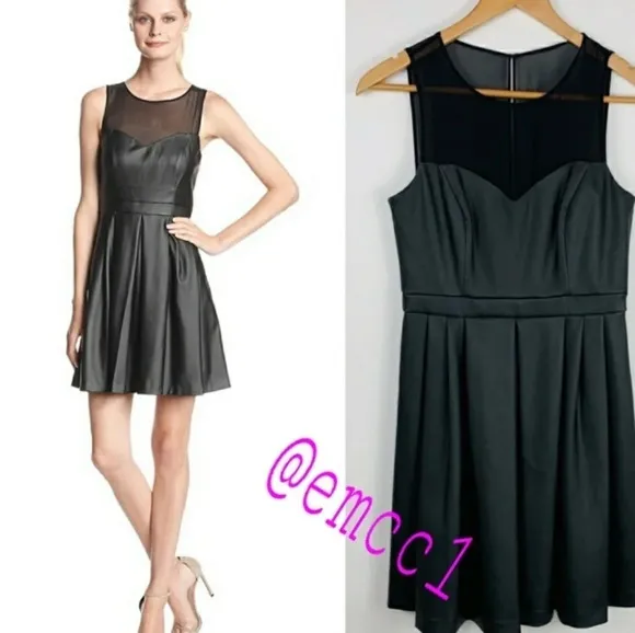 Ali Ro Black Faux Leather Pleated Dress Silk Lace - Image 2