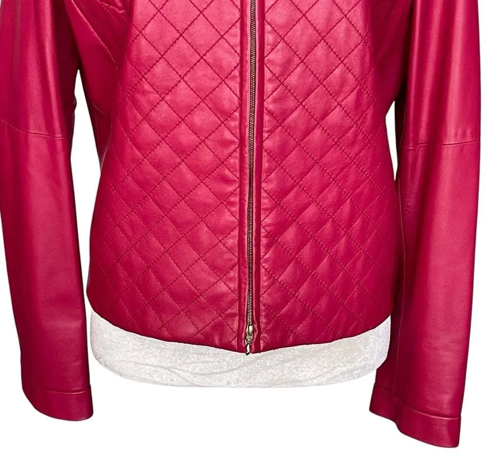 Worth Genuine Leather Quilted Jacket Womens Size 8 Zip Collarless Raspberry Pink - Image 3