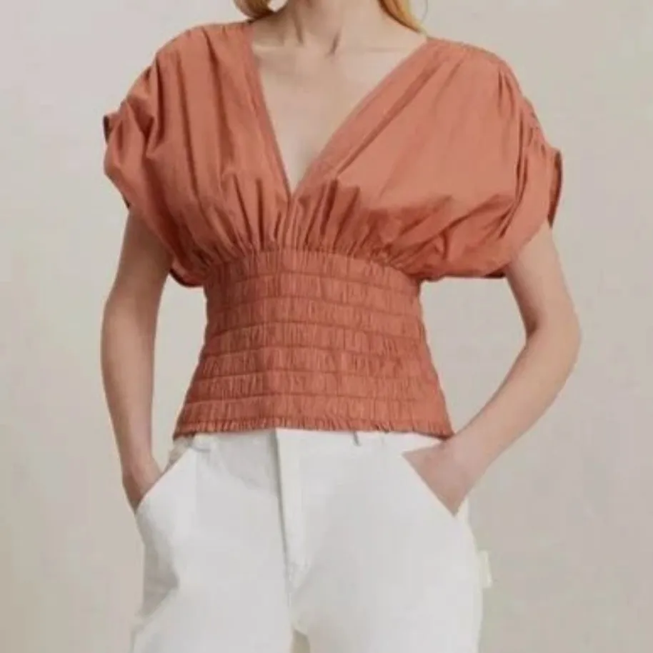 A.L.C. Luna Shirred V Neck Cotton Top in Armagnal Dusty Coral size 0 $295 - Image 2