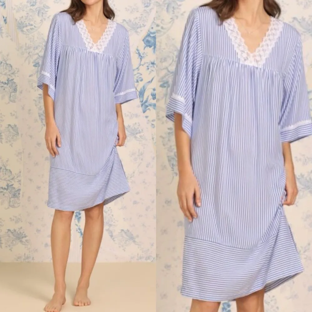 Eileen West Lace Trim Caftan Nightgown Swim Cover Poolside Beach Nautical Stripe Blue Size XL - Image 5
