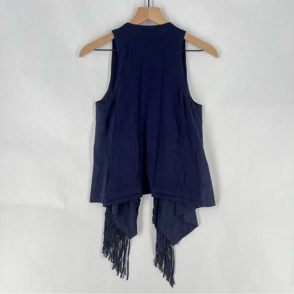 INC Navy Faux Suede Knit Combo Fringe Draped Open Front‎ Vest Festival Boho M Blue Size undefined - Image 8