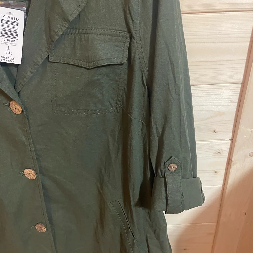Torrid Olive Green Linen Self Tie Anorak Womens‎ Lagenlook Shirt NWT - Image 4