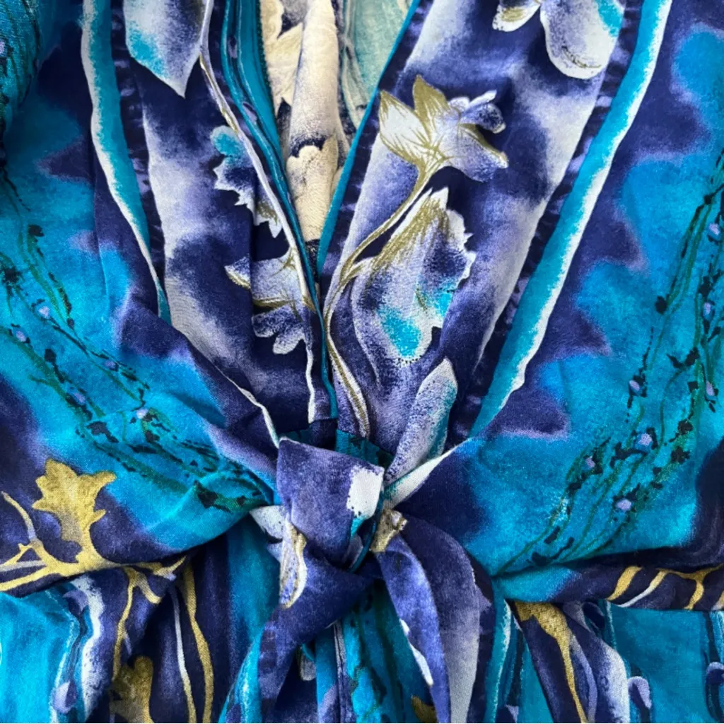 Vintage 90s Fashion Bug Blue Floral Tie Front Over Shirt - Image 4