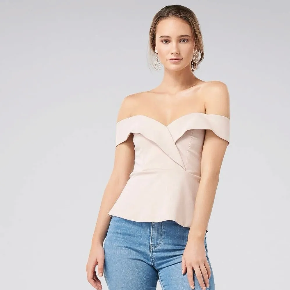 Forever New Pink Shakira Cross Over Off-shoulder Peplum Ponte Zip Top Blouse S - Image 2